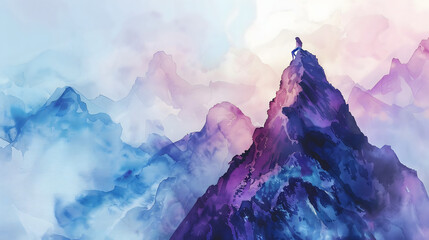 a girl climbing on the top of a fairy mountain watercolor, purple tone