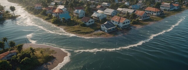 Coastline flooded with water after a tsunami