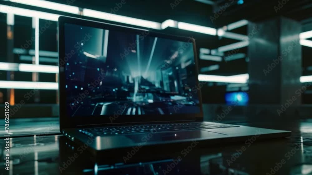 Poster high-tech laptop with futuristic city graphics displayed in dark room
