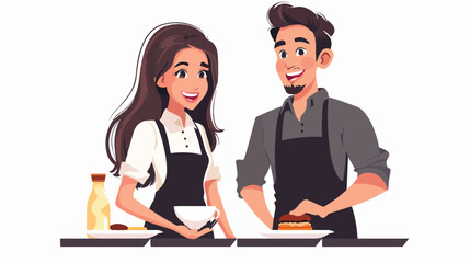 Young beautiful waitress and handsome waiter at resta
