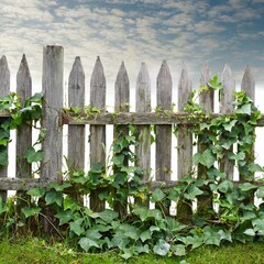 Alter umrankter Holzlattenzaun vor blauem Himmel mit kleinen weißen Wolken. Nahaufnahme.