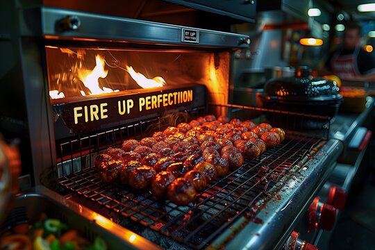 Luxurious grilling experience captured in action, with juicy barbeque food cooking over flames, under the inspirational 'Fire Up Perfection' motto, inside a bustling kitchen."