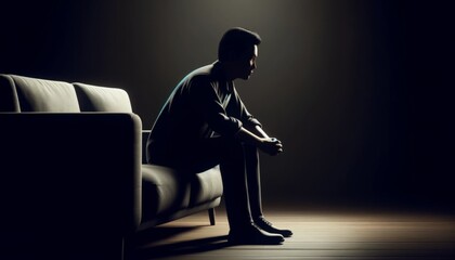 暗い部屋のソファに座る男性のシルエット - obrazy, fototapety, plakaty