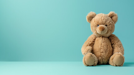 A teddy bear on it is on blue background with copy space