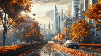 Electric vehicles glide on a futuristic, foliage-lined highway against a vibrant urban skyline.