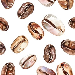 seamless pattern of coffee beans, watercolor, white background