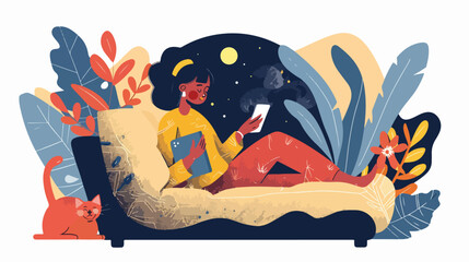 Young woman texting at night flat vector illustration