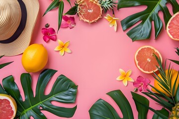 a table laden with fruit dishes and beverages Top view of a vibrant display of baking supplies, candies, and fresh fruit set against a soft pink flower backdrop.

 - obrazy, fototapety, plakaty