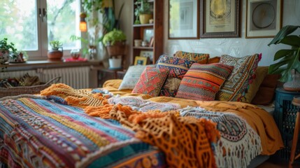 Vibrant bohemian-style bedroom with colorful tribal-patterned textiles and eclectic decor.