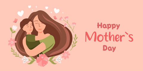 Happy Mother's day banner template. Mother with son, spring flowers. Vector color greeting card.