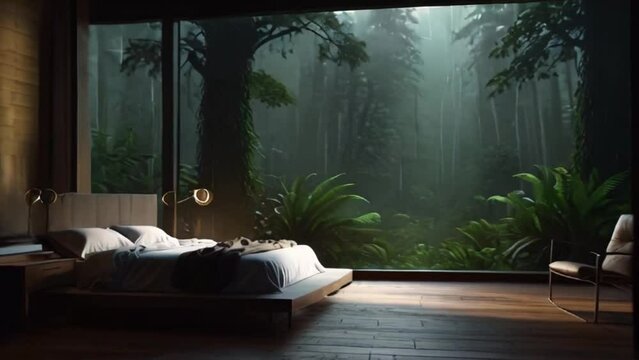 cozy bedroom with rain and storm. Relax and tranquil atmosphere.