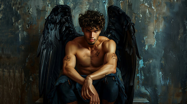A pensive male angel with black wings, lost in thought, depicted in an evocative digital illustration. This striking image captures the contemplative essence of the divine figure