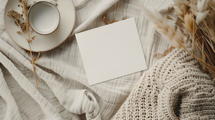 paper on wooden background, white greeting card emply on table, mock up