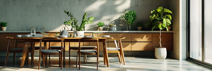 Beautiful wooden table top shelf with minimalistic modern contemporary living kitchen interior small plant wood material