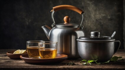 Kettle with cups, jar of loose leaf tea and tea infuser on rustic grunge background.