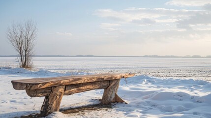 A wooden bench and table made by hand set against a vast snowy field