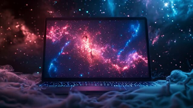 Cosmic Laptop Display Illuminating Nebula Clouds at Night