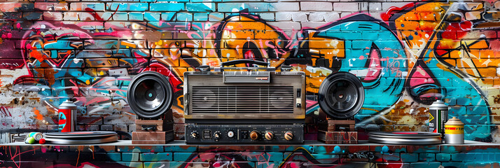 Vibrant Homage to Old School Hip Hop: Boomboxes, Graffiti and Vinyl Records - obrazy, fototapety, plakaty