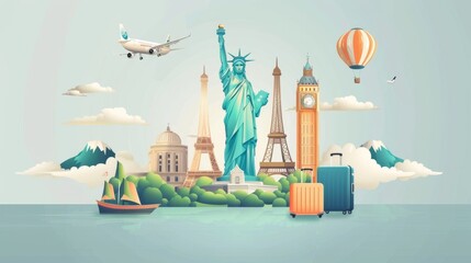 A travel concept illustration featuring a plane soaring above famous landmarks from around the world, accompanied by traveling luggage.