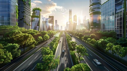 Fototapeta na wymiar Sustainable transportation flows smoothly along a modern, tree-lined highway amidst a bustling cityscape.
