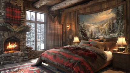 Rustic cabin bedroom with a roaring fireplace, tartan patterns, and a picturesque snowy window view.