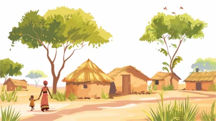 Gordijnen African village landscape scene people in Africa vector © Blue
