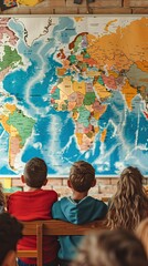 Classroom with a world map and students studying different cultures