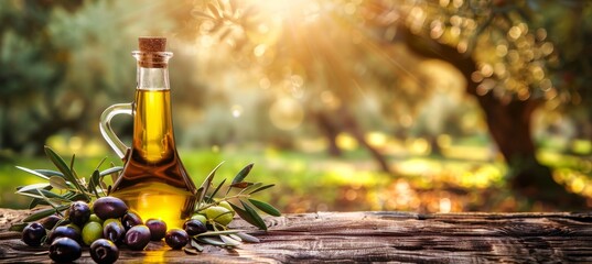Golden olive oil bottles amidst leaves and fruits in rural field under morning sun with copyspace