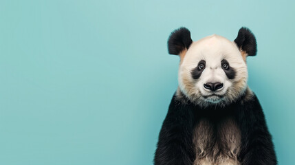 panda on blue background with copy space