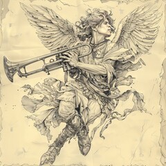 an old sketch of a Angel flying and trumpet on pipe, Sketch, Drawing, Line Art, Archaeological Illustration  " ai generated "