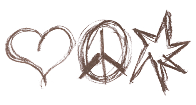 Grunge chalk hand draw in shape heart, star, and symbol of peace, icon isolated on white