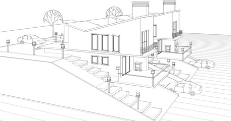 townhouse architectural sketch 3d illustration	