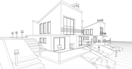 townhouse architectural sketch 3d illustration	