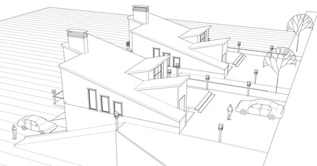 townhouse architectural sketch 3d illustration	
