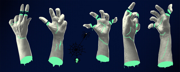 Collage elements hand palm with green slime. Halloween halftone zombie hands, severed fingers . Decoration banner for 31 Oktober events. Trendy poster in paper cut style. Vector illustration.