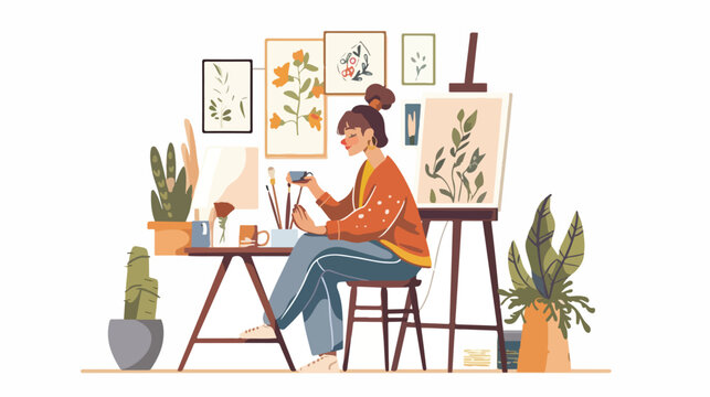 Art painter artist woman drinking tea and relaxing aft