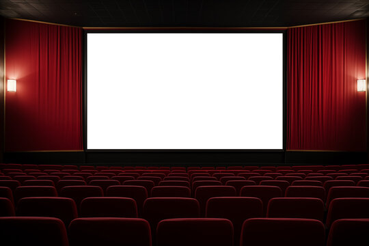 empty cinema screen with audience, blank white cinema screen with copy space for advertisements