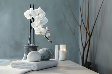 On a flat surface, pure white flowers form a lovely tableau. Spa and white orchid. White orchids and stone in a spa composition accentuated a candle flame