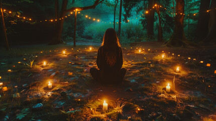 Wiccan praying in the woods, surrounded by candles in a circle
