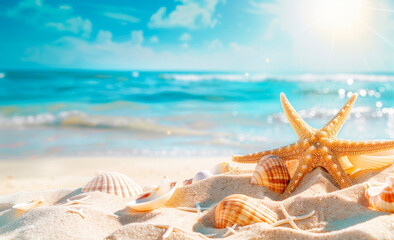Fototapeta na wymiar Starfish and Seashells Resting on a Sunny Beach With Crystal Clear Waters