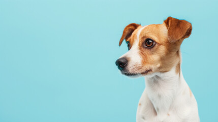 dog on blue background with copy space