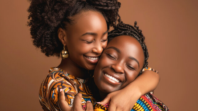 Happy african mother hugging her adult daughter - Teenage girl and mom having tender moment - Family love concept - Models by AI generative