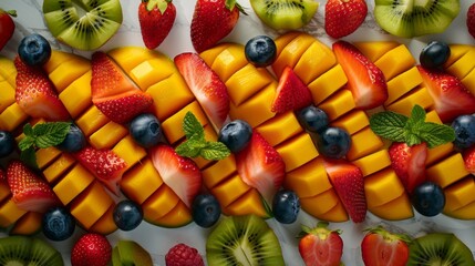 Fruit platter arranged in a geometric pattern, with a vibrant array of fresh fruits such as strawberries, kiwis, mangoes, and blueberries arranged on a sleek marble surface and garnished with fresh mi
