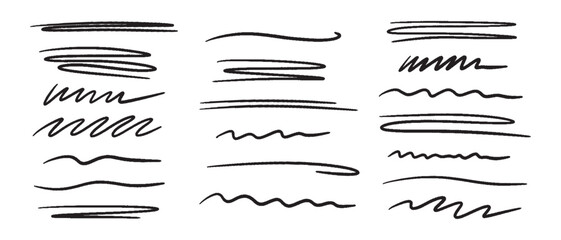 Marker scribble elements collection. Hand drawn strokes, underlines, wave brush marks.Vector set isolated on white background.