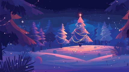 Türaufkleber Beautiful Christmas tree winter flat landscape background © Blue