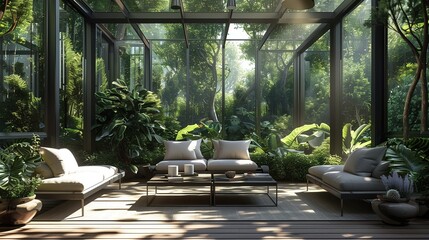Contemporary sunroom melding seamlessly with verdant garden oasis.