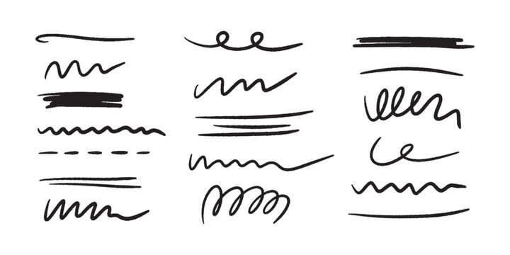 Marker scribble elements collection. Hand drawn strokes, underlines, wave brush marks.Vector set isolated on white background.