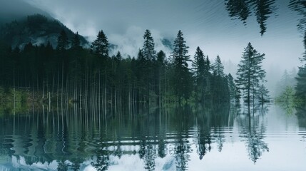 A Scene of Trees and Mountains Reflected in a Body of Water