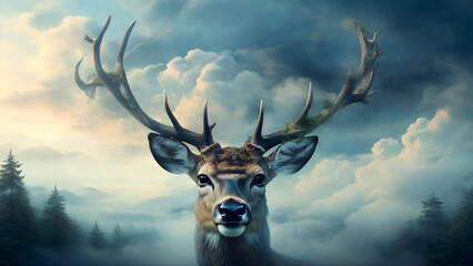 Portrait of a deer in a misty and foggy atmosphere, evoking a sense of connection with the forest