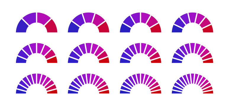 Gauge icons for speedometer, parking meter, thermometer, performance monitor, circle infographics. Measuring low and high levels of barometer, car dashboard.